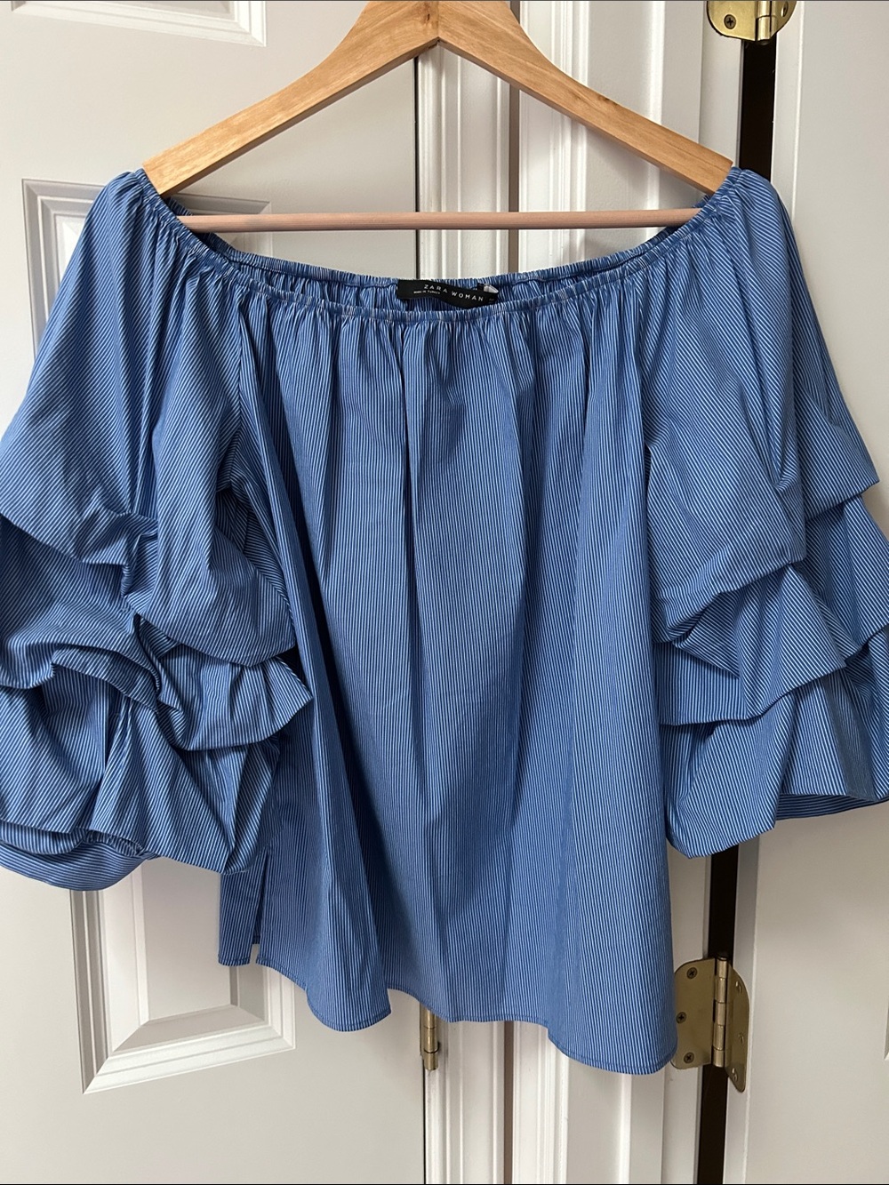 Zara Blue and White Striped Off-Shoulder Top